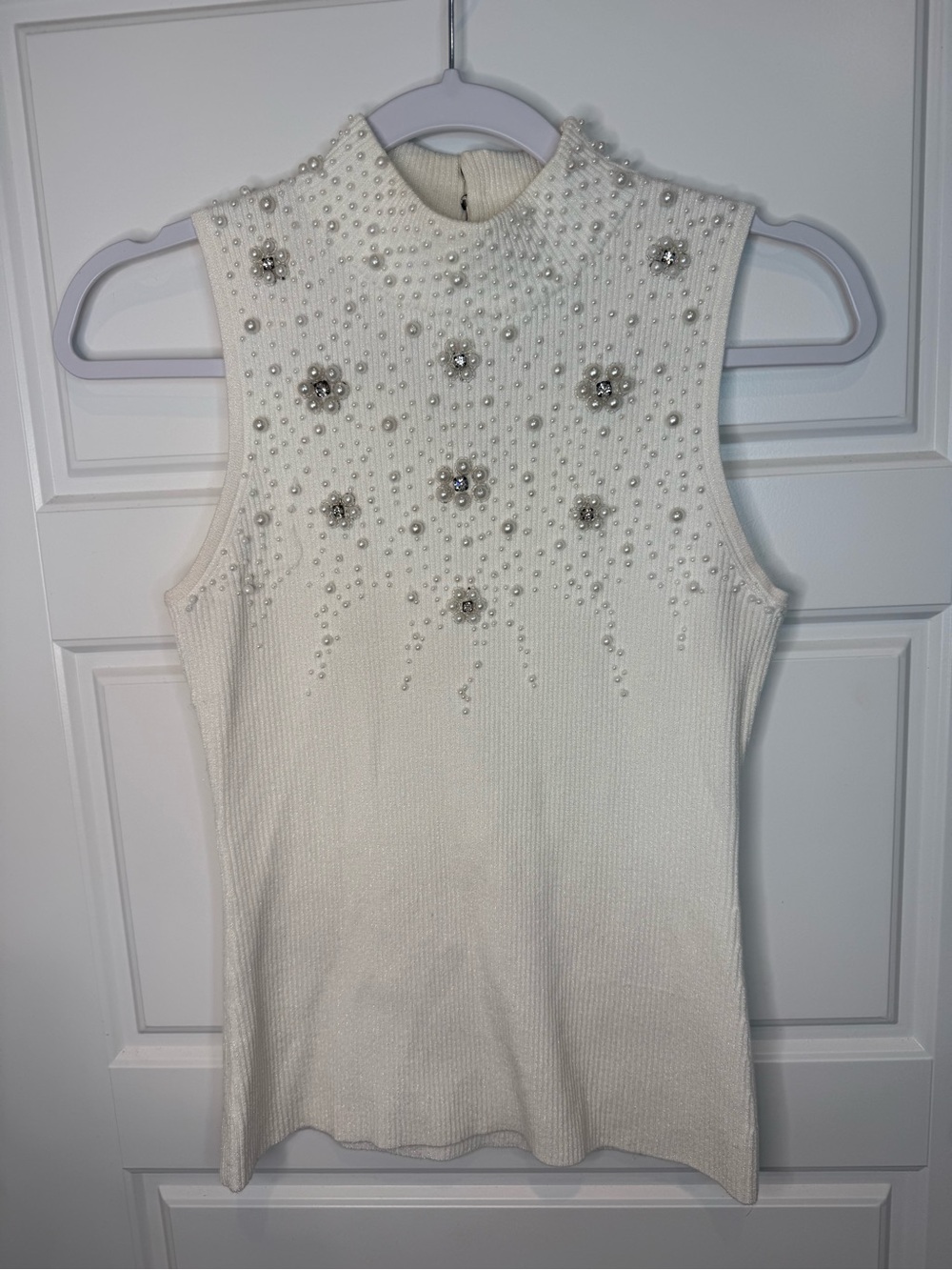 Cache Vintage Mockneck Sleeveless Sweater Size Medium Beaded Pearl Metallic